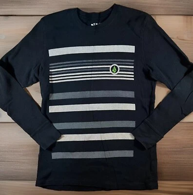 VOLCOM Shirt Mens Large Black Gray Striped Embroidered Logo Waffle Knit Thermal - Image 1 of 4