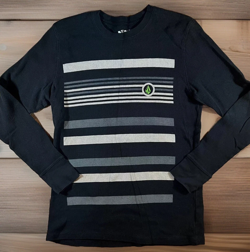 VOLCOM Shirt Mens Large Black Gray Striped Embroidered Logo Waffle Knit Thermal - Image 1 of 4