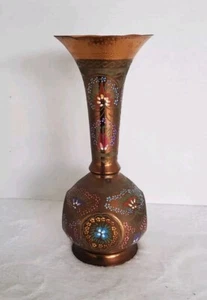 Vintage Turkish Copper Vase Handmade Erzicanlilar Turkey Hammered & Painted - Picture 1 of 17