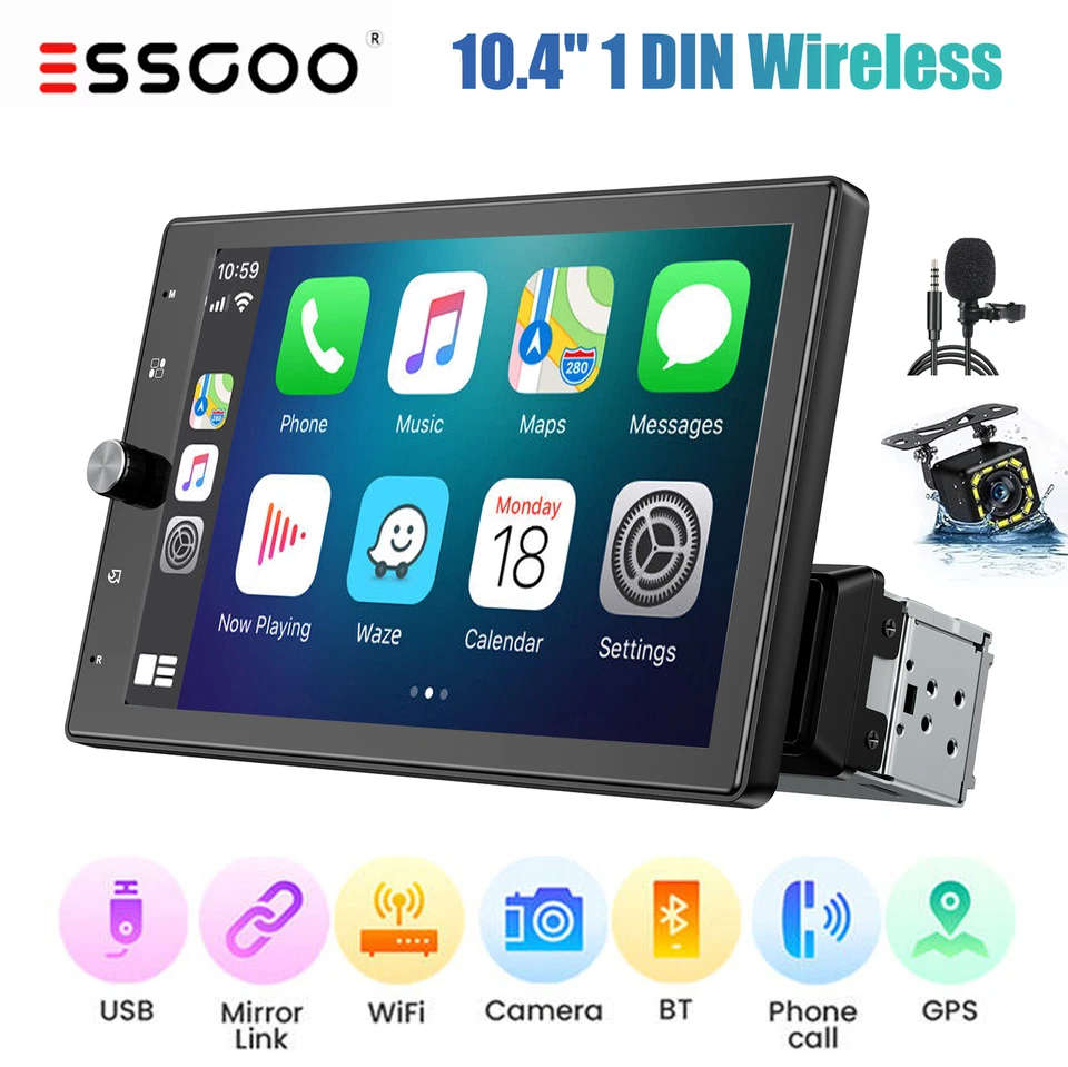 Single DIN 10.4" MIC&CAM Car Stereo Radio Wireless Apple CarPlay Head Unit BT FM - Image 1 of 4