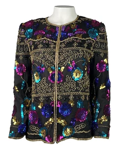$89 DRAPERS & DAMONS US PM MP Black Silk Sequined Beaded Shirt Jacket Top Party - Picture 1 of 7