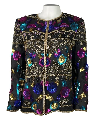 $89 DRAPERS & DAMONS US PM MP Camisa Negra Seda Lentejuelas Cuentas Chaqueta Top Fiesta Foto 1 de 4