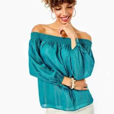 NWT Lilly Pulitzer Maryellen Top in Valencia Teal w/Fine Gold Metallic Stripe  S - Image 1 of 4