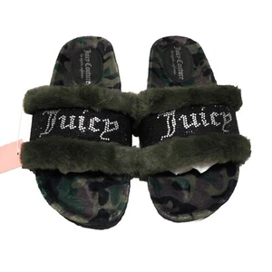 Juicy Couture Slide Slippers Faux Fur Crystals Green Camo Womens Size 8 - Picture 1 of 6