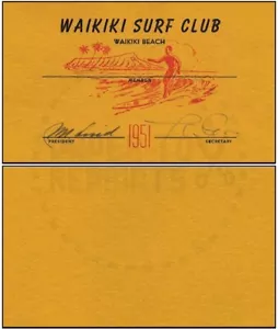 TARJETA DE MEMBRESÍA WAIKIKI SURF CLUB - REIMPRESIÓN VINTAGE - Imagen 1 de 1