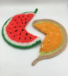 Pair Handmade Crocheted Watermelon, Melon Potholders 6” X 9" Cute VTG Decorative - Picture 1 of 8