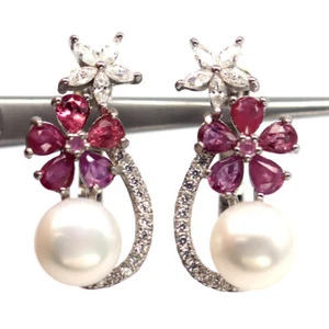 925 Sterling Silver 9 MM. White Pearl, Red Ruby & Cubic Zirconia Earrings - Picture 1 of 4