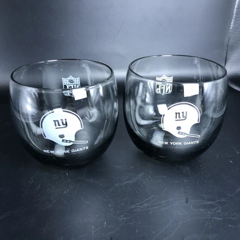 2 Vintage New York NY Giants NFL Smoked Glass Roly Poly Tumblers Rocks Glasses Cover