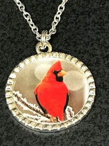 Cardinal Red Bird on Snowy Branches Charm Tibetan Silver with 18" Necklace BIN - Picture 1 of 2