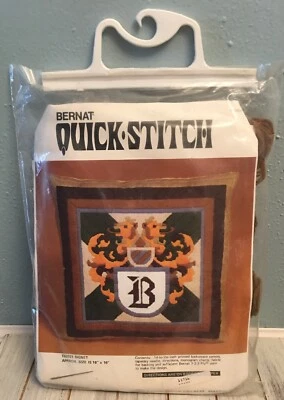 1980 BERNAT QUICK STITCH 16" X 16" SIGNET PILLOW CREST CROSS STITCH KIT - Image 1 of 4