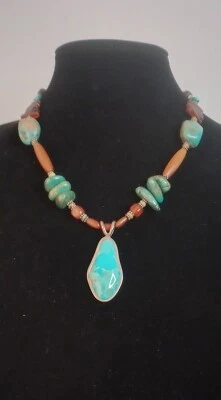 Colar assinado BARSE .925 prata esterlina turquesa e âmbar 52,55 gramas 18" L - Imagem 1 de 4