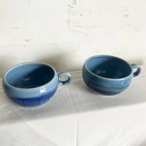 Tazzine/ciotole da tè/caffè smaltate blu in ceramica filata firmate - una coppia - Foto 1 di 8