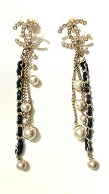 AUTHENTIC Chanel CC Crystal Black Leather Faux Pearl Chain Drop Earrings - Image 1 of 4