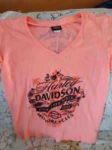 Camiseta Harley Davidson Gráfica Cuello en V Naranja Estrás Mujer XS, Busto 32" - Imagen 1 de 4