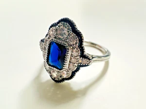 Silver Tone Art Deco Style Ring Blue Sapphire and Diamond Style Gems Size 9 - Picture 1 of 11
