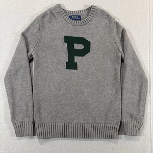 Polo Ralph Lauren maglione giovane M girocollo maglia lettera grande P pullover grigio - Foto 1 di 13