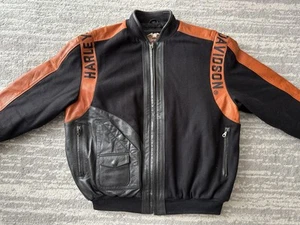 Chaqueta de cuero de lana Harley Davidson vintage talla L negra naranja - Imagen 1 de 6