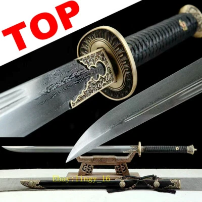Fighting Knife Chinese Dao 雁翎刀 WUSHU Broadsword Sword Sharp Damascus Steel Blade - Image 1 of 4