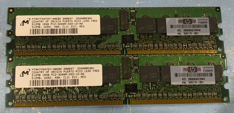2pc Micron 512MB PC2-3200 Registered DIMM ECC DDR2-400 MTSHTF6472Y-40EB2 - Image 1 of 1