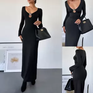 Sexy Women Hollow Knit V-Neck Bodycon Long Dress Ladies Evening Party Maxi Dress - Picture 1 of 22