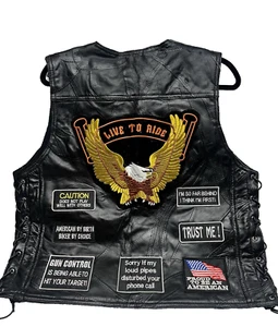 men's Black Motorcycle Faux Leather Biker Riding Vest Jacket w patches america - Picture 1 of 23