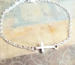 Silver Cross Anklet Sideways Cross Anklet Womens Silver Anklets Cross Jewelry - Picture 1 of 5