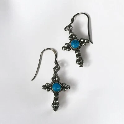 Pendientes Cruz Turquesa Marcados Plata de Ley 925 Cabujón Religioso Cristiano Foto 1 de 4