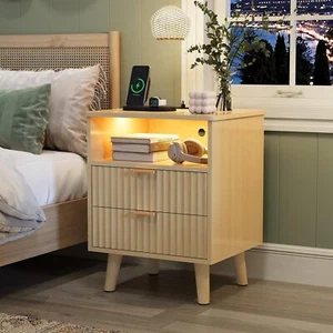LED Modern Nightstand with 2 Drawers & Open Storage Bed Side Table Natural Oak - Picture 1 of 7