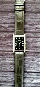 Vintage NOS Men Tank Rectangular Black Leather band Dress Watch Beautiful ⌚ - Picture 1 of 5