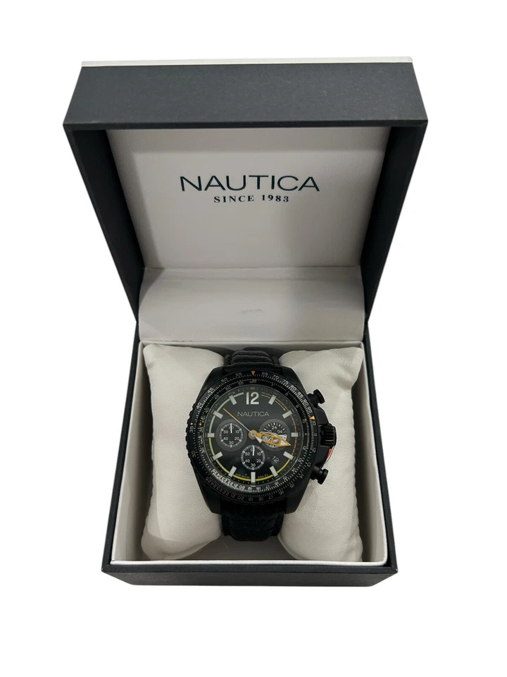 Mens Watch Nautica NMX 1500 NAI22506G Chrono Leather Black Sub 100mt