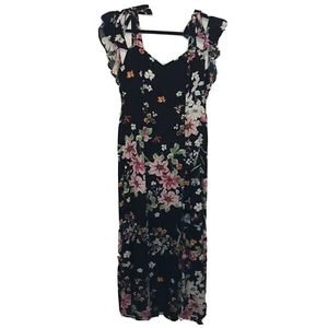 Womens Love Fire Maxi Dress Black Side Slit V-Neck Tie Strap Floral Medium M - Picture 1 of 12