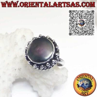 Anello in Argento 925‰ tondo con abalone Paua shell contornata da pallini - Immagine 1 di 4