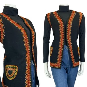 VTG 70S NORDIC BLACK RED YELLOW EMBROIDERED WOOL GILET WAISTCOAT 12 14 M - Picture 1 of 9