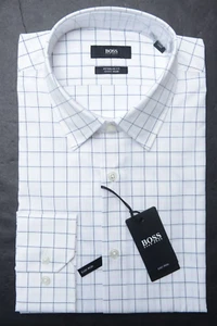 Hugo Boss Men's Enzo Easy Iron Reg Fit White Check Dress Shirt 38 15 32/33 - Picture 1 of 15