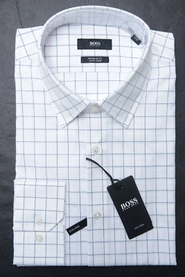 HUGO BOSS Uomo Enzo Facile Ferro Reg Fit Bianco Quadri Camicia 38 15 32/33 - Immagine 1 di 4