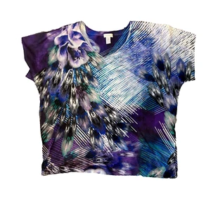 Chico's Women's Blue Purple Feathers Floral Rhinstone Dolman Shirt Size 3 XL 16 - Picture 1 of 9