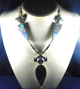 NAVAJO SAMPSON GRAY STERLING TURQUOISE KACHINA Pendants NECKLACE Earrings SET - Picture 1 of 10
