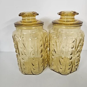 Federal Glass Imperial Canister Harvest Gold With Scrolls Set Of 2 Vintage - Picture 1 of 12
