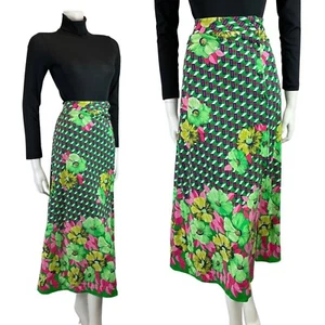 VINTAGE 60er 70er GRÜN ROSA GEOMETRISCH FLORAL MOD PSYCHEDELISCHER MIDI ROCK 8 - Bild 1 von 7