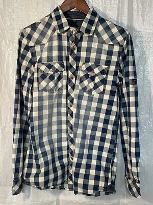 Buffalo David Bitton Mens M Blue Cream Gingham Plaid Long Sleeve Button Up Shirt - Image 1 of 4