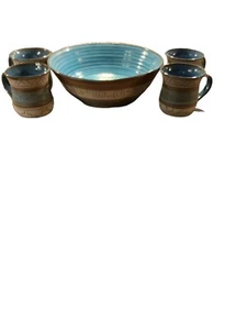 A&A Pottery grande ciotola e tazze blu/teal e marrone - Foto 1 di 5