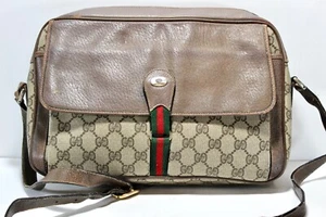 Vintage GUCCI Brown Coated Canvas GG Striped Crossbody Bag Italy - Picture 1 of 24
