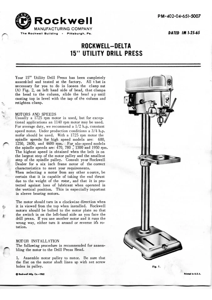 Delta Rockwell No. 15-0XX - 15" Utility Drill Press Instructions - Image 1 of 1