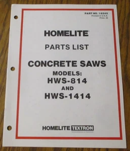 Homelite HWS814 y HWS1414 Lista de piezas de sierras de concreto Catálogo manual de libros 18245 - Imagen 1 de 4