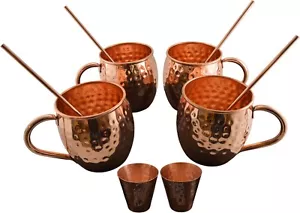 Set of 4 Pure Copper Moscow Mule Mugs Gift Set with 4 Straws and 2 Shot Glasses - Picture 1 of 9