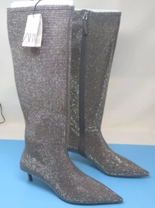 ZARA RHINESTONE ZIP BOOTS-GREY/SILVER-UK5 - Picture 1 of 10