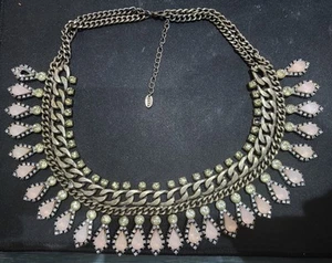 Zara Rose Gold Tone Statement Chain Link Necklace Green And Pink Stone - Picture 1 of 6