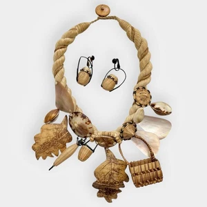 Vintage Gullah Volkskunst Halskette Körbe Muscheln Beige Juteseil Abalone 18,5" - Bild 1 von 10