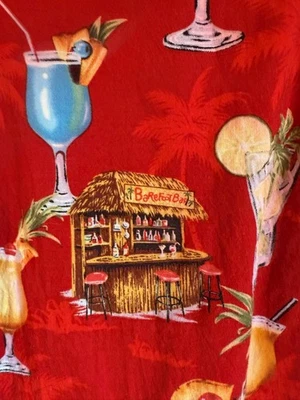 Camisa Hawaiana Go Barefoot Tiki ROJA con Bar Tiki Descalzo y Bebidas Tropicales XL Foto 1 de 4