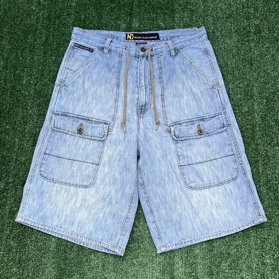 Vintage Nautica Jean Shorts Mens 33x13" Blue Front Cargo Drawstring Baggy 90s - Image 1 of 4